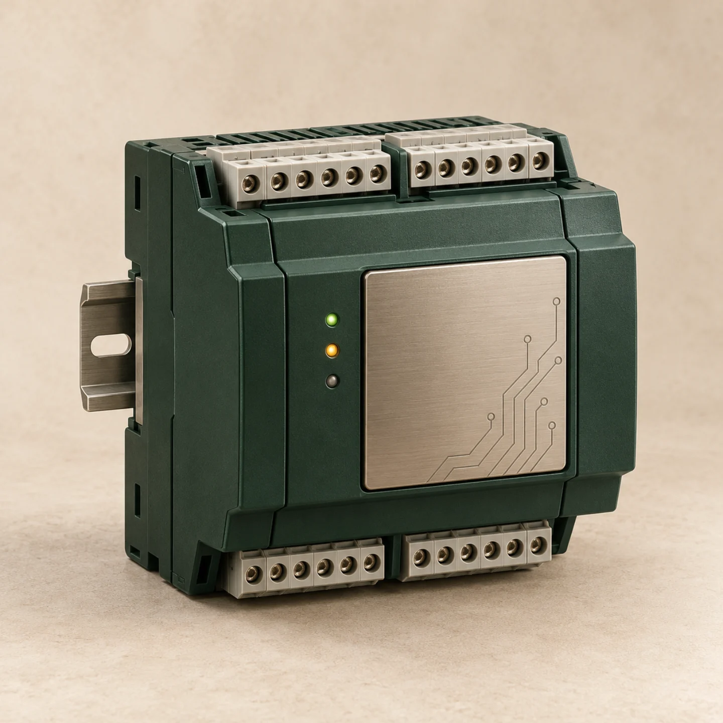 Product illustration of a forest-green industrial PLC with terminal blocks and an etched circuit pattern.